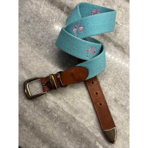 Leather Man Flamingo Embroidered Canvas Leather Belt Mens 32 Blue Pink Handmade - Picture 1 of 9